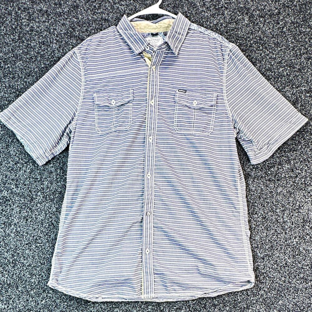 Buffalo David Bitton Men's XL Blue/White Striped S/S Button-Up Pockets